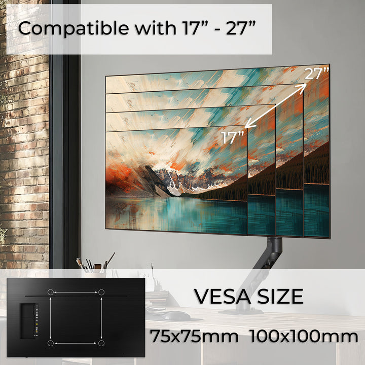 1-Fach Monitorhalterung mit Gasfeder 17"-27"Tischhalterung Monitorarm Schwenkbar Neigbar Drehbar VESA 75x75 100x100 2-7kg