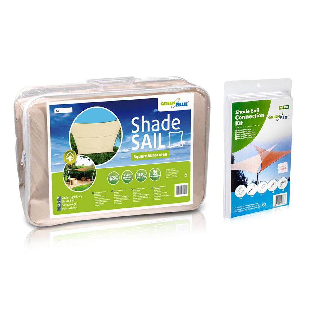 UV-Polyester-Gartensegel 3,6m quadratisch GreenBlue GB503 cremefarbene hydrophobe Oberfläche + GB508