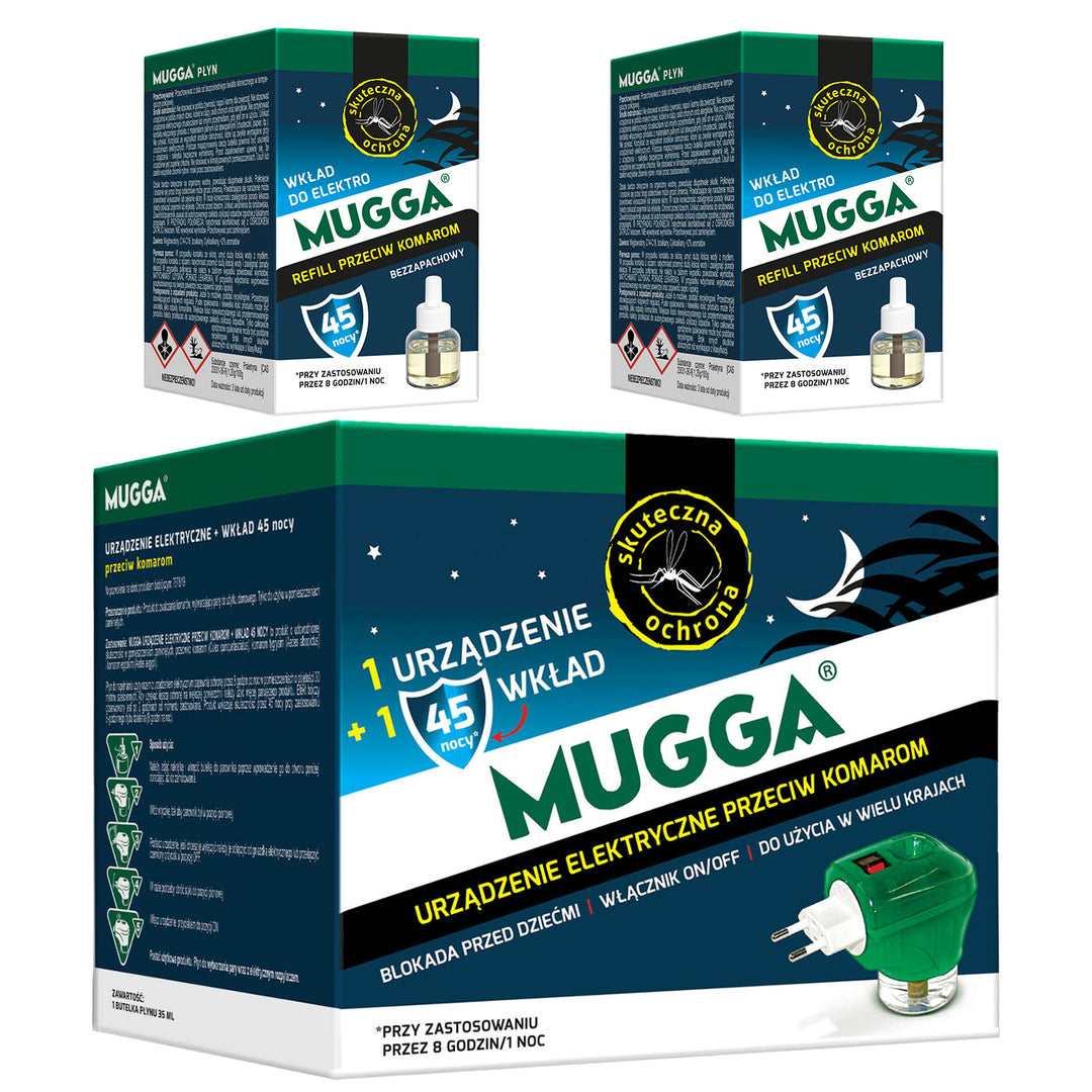 Elektrogerät mit Mugga 45 night mosquito refill 35ml + 2x Mugga 45 night mosquito liquid refill 35ml
