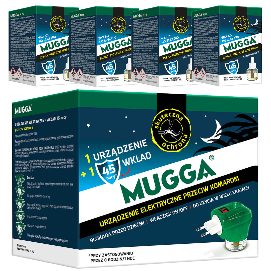 Elektrisches Gerät mit Mugga 45 nights 35ml Mückenschutz-Nachfüllpackung + 4x Mugga 45 nights 35ml Mückenschutz-Nachfüllpackung