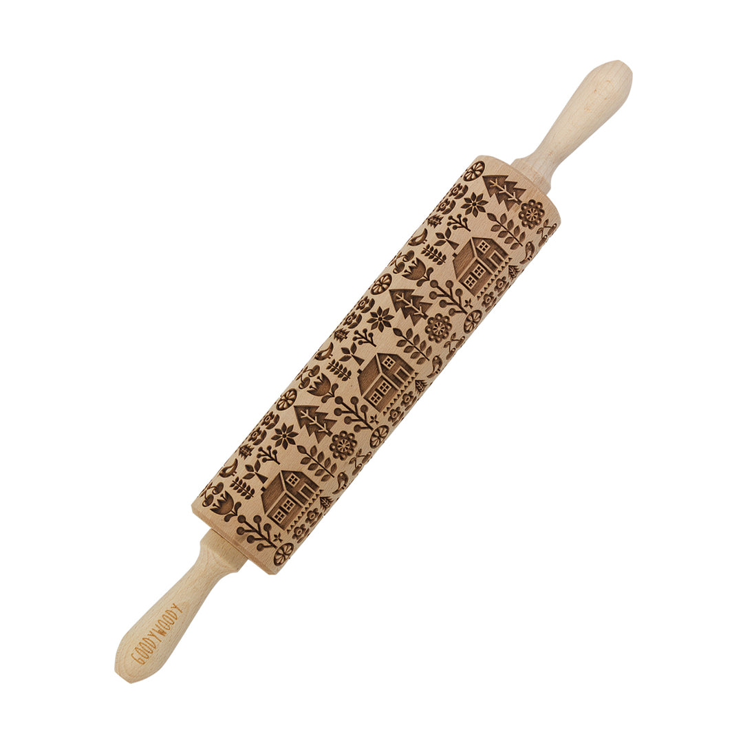 Goody Woody gravierte Kuchenrolle, 46 cm, Buchenholz, skandinavisches Haus