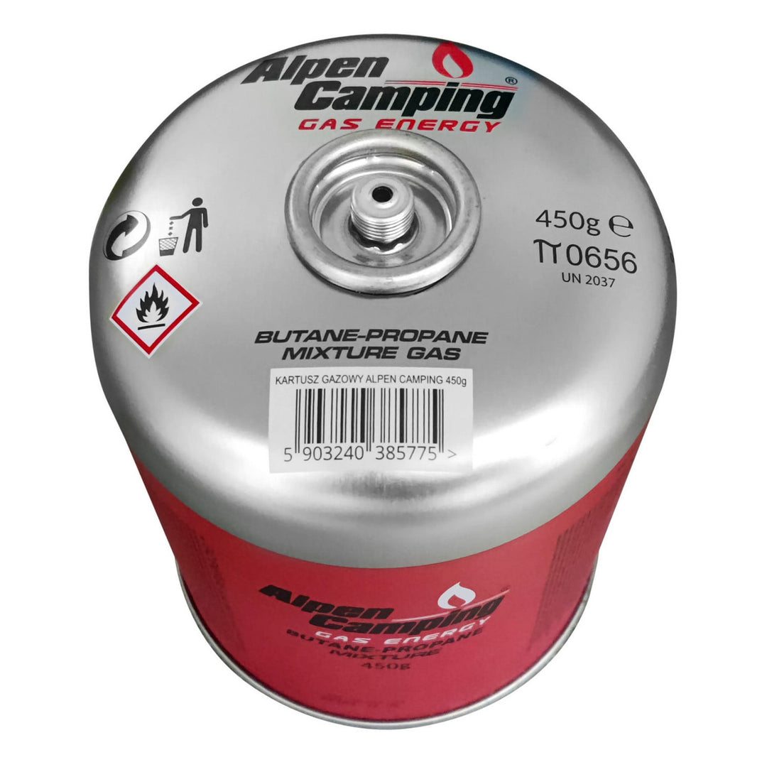 Gaskartusche 450g Alpen Camping, Zertifikat: Pi 0437, entspricht EN417, Propan-Butan, Bereich -10°c bis + 40°c, 7/16" Gewindeventil IK020