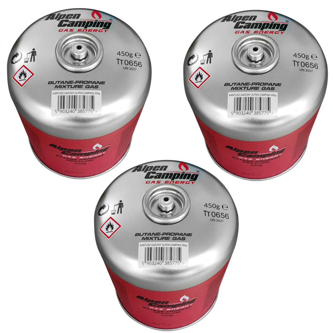 Alpen Camping 450g Gaskartusche, Zertifikat: Pi 0437, entspricht EN417, Propan-Butan, Bereich -10°c bis + 40°c, 7/16" Gewindeventil IK020, 3 Stück.
