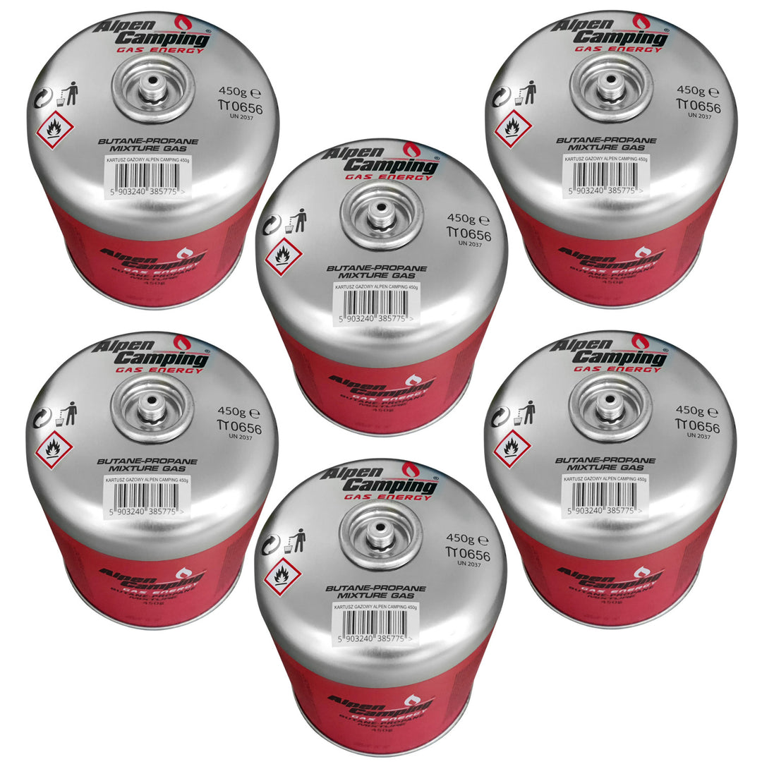Gaskartusche 450g Alpen Camping, Zertifikat: Pi 0437, entspricht EN417, Propan-Butan, Bereich -10°c bis + 40°c, 7/16" Gewindeventil IK020, 6 Stück