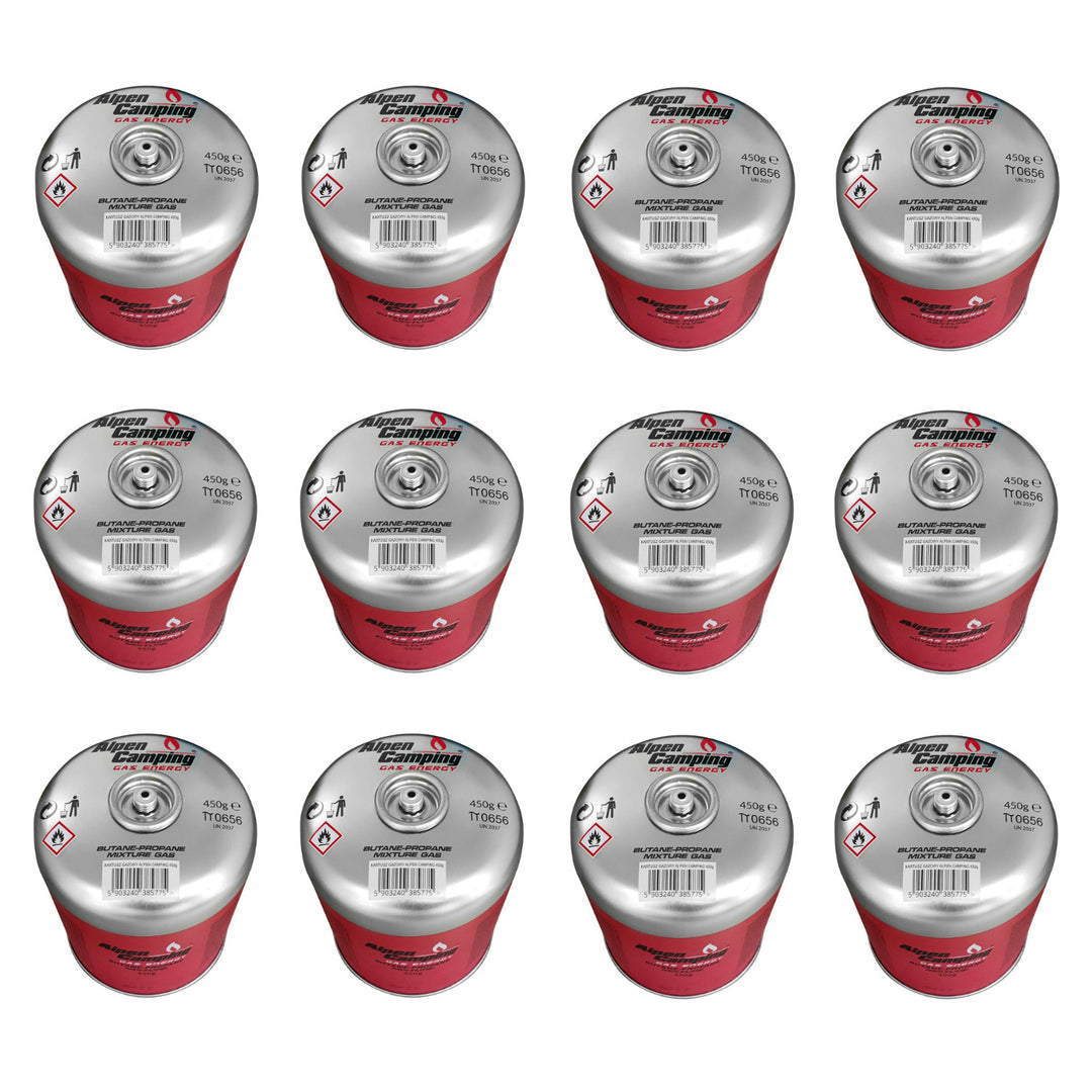 Alpen Camping 450g Gaskartusche, Zertifikat: Pi 0437, entspricht EN417, Propan-Butan, Bereich -10°c bis + 40°c, 7/16" Gewindeventil IK020, 12 Stück