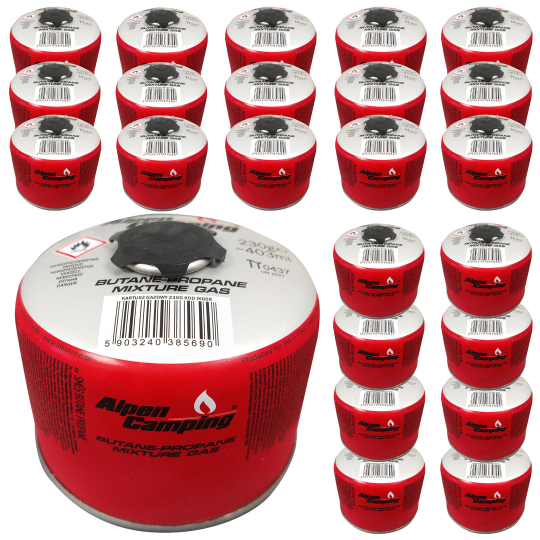 Gaskartusche 230g Alpen Camping, Zertifikat: Pi 0656, entspricht EN417, Propan-Butan, Bereich -10°c bis + 40°c, 7/16" Gewindeventil IK009, 24 Stück