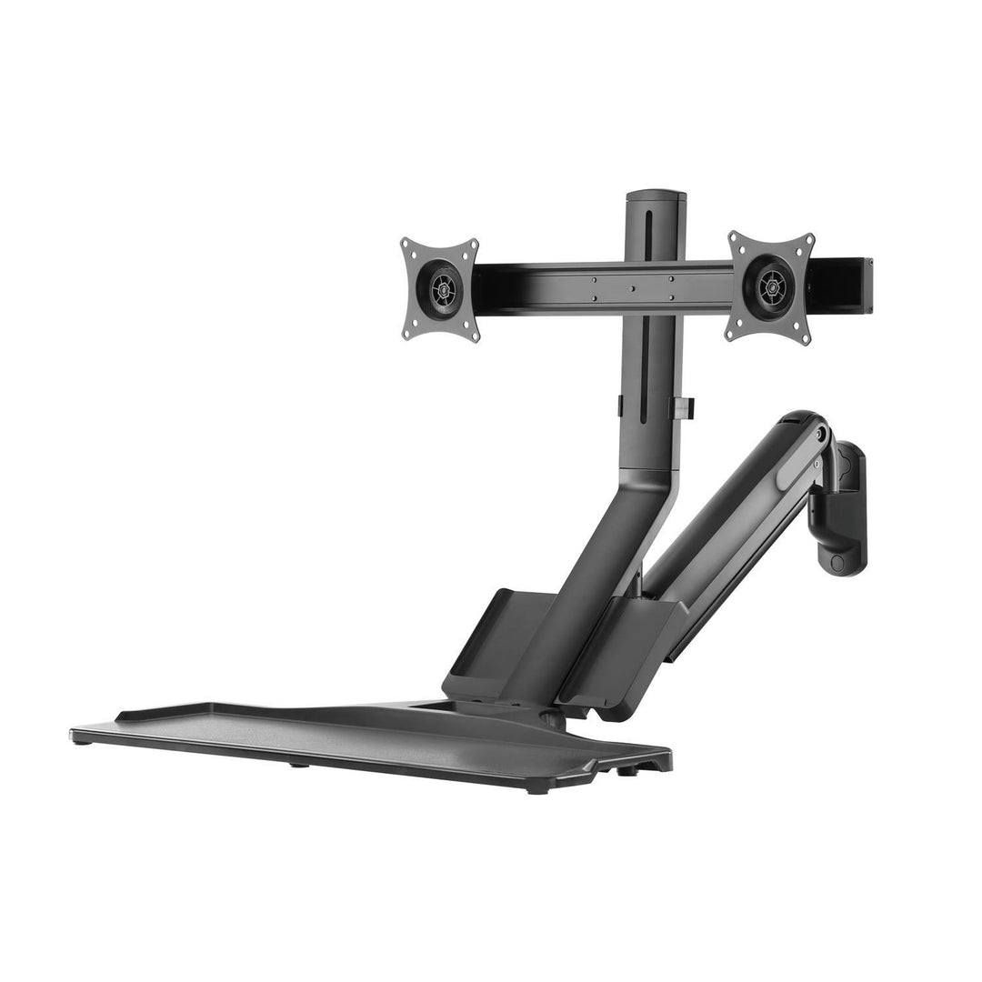 3 in 1 Sitz-Steh-Arbeitsplatz: 2-Fach Monitorhalterung Wandhalterung mit Tastatur-Ablage und Computer-Halterung Wandhalterung 17-32" Zoll Gasfeder