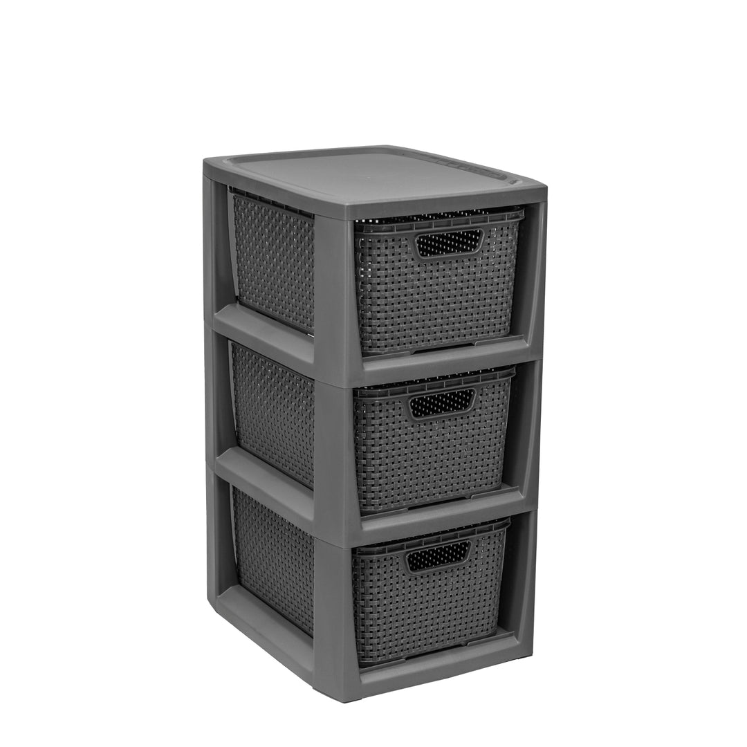 BranQ Rattan Korbregal Badregal mit 3 Körben Schubladen Dreiteilig Badezimmer Regal 23 x 29 x 48 cm Anthrazit