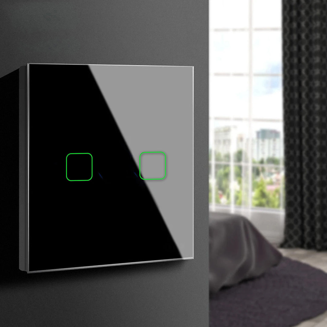 Touch-Lichtschalter, doppelt, Glas, schwarz mit quadratischem Knopf Maclean Energy MCE703B, Abmessungen 86 x 86 mm, mit Hintergrundbeleuchtung