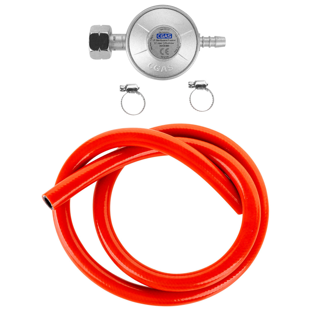 Propan-Butan Anschlussset Gasregler 1m Schlauch Komplettset für Gaskocher, Kochfelder, Öfen, Grills und andere Gasgeräte 37 mbar