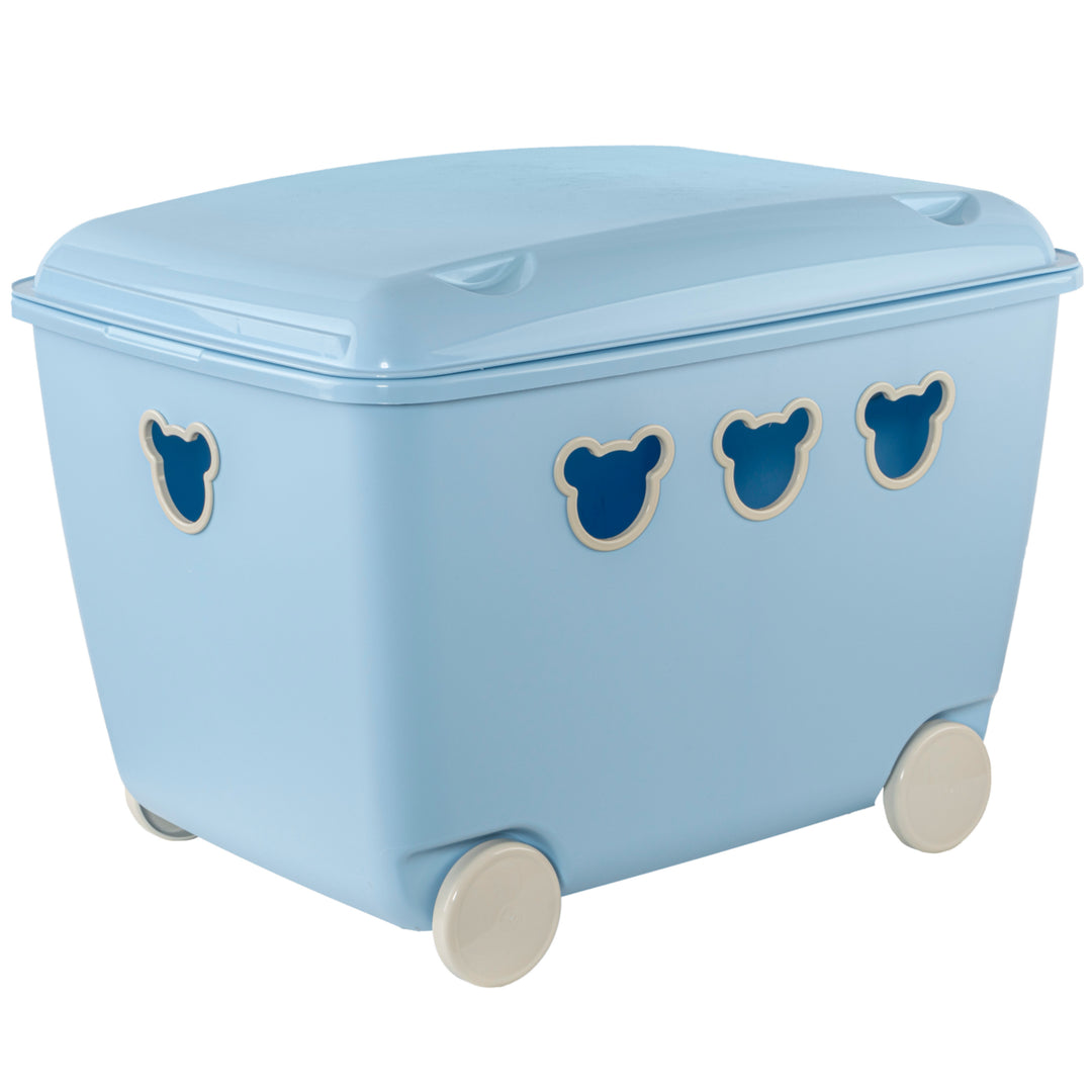 Bear Box Spielzeugkiste mit Deckel und Rollen Aufbewahrungsbox Bär 55L (Blau)