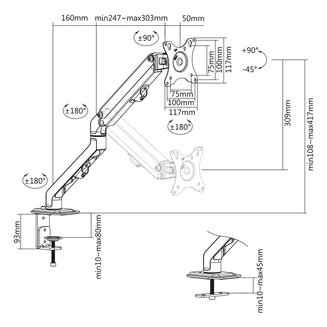 1-Fach Monitorhalterung mit Gasfeder 17"-27"Tischhalterung Monitorarm Schwenkbar Neigbar Drehbar VESA 75x75 100x100 2-7kg