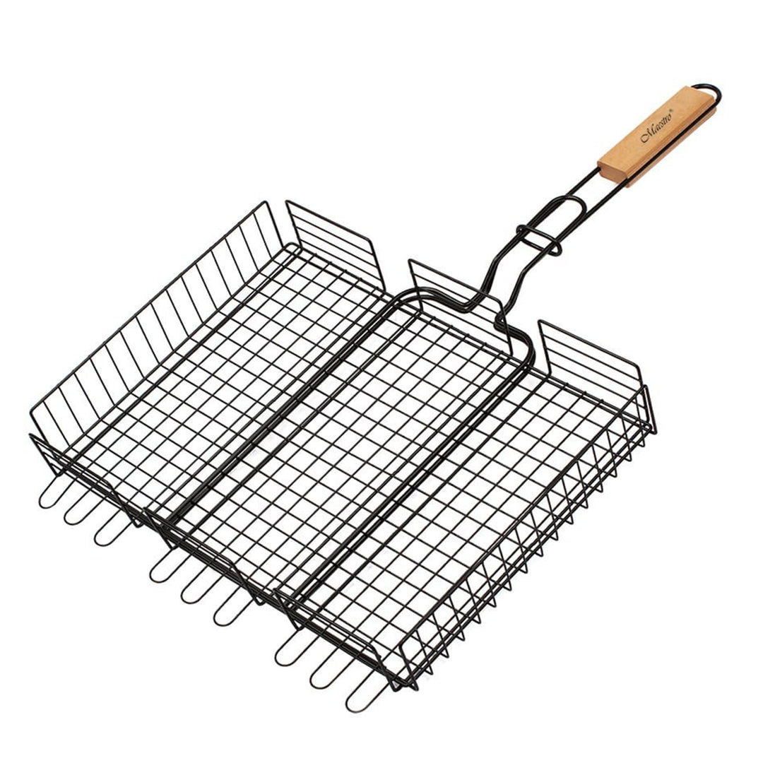Grillrost mit Holzgriff Verschließbar Doppelgrill Grillgitter Ersatzrost BBQ (Stahl mit Teflon-Beschichtung, 40x30cm)