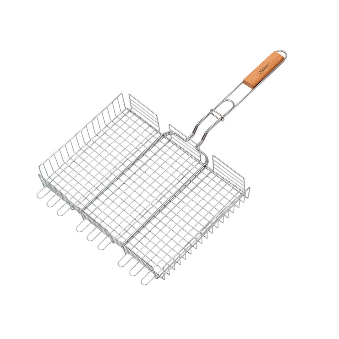 Grillrost mit Holzgriff Verschließbar Grillgitter Ersatzrost Doppelgrill Grillgitter Ersatzrost BBQ Stahl 40x30cm