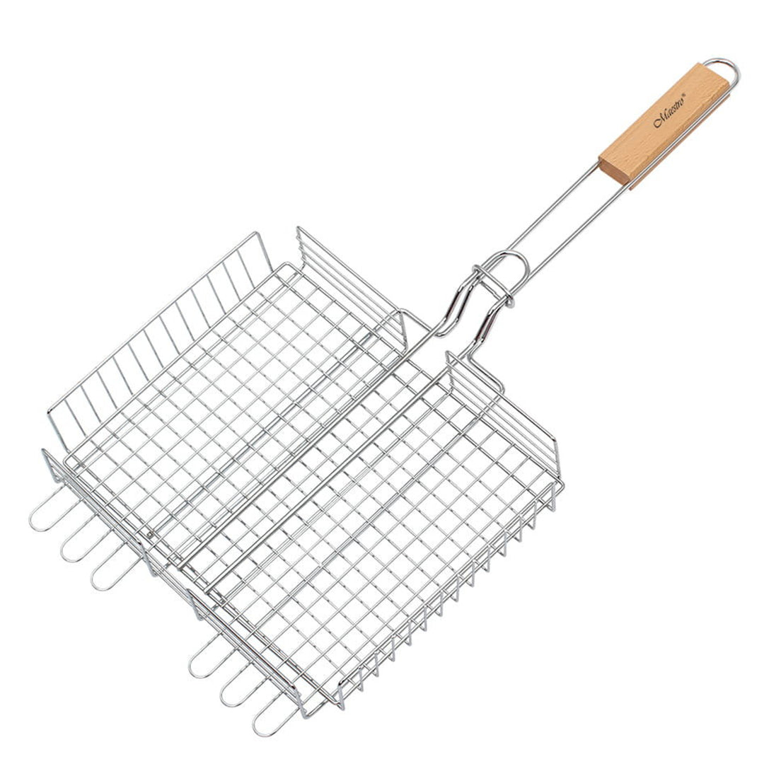 Grillrost mit Holzgriff Verschließbar Grillgitter Ersatzrost Doppelgrill Grillgitter Ersatzrost BBQ 25x30cm