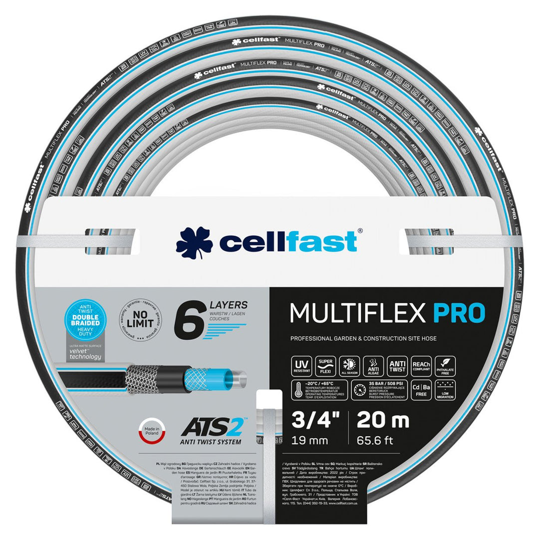 Cellfast MULTIFLEX ATSV 6-lagiger Schlauch Gartenschlauch Doppelter Kreuz- und Trikotgewebe ATS2™ Resistent gegen UV-Strahlen und Algenbildung 35 Bar 3/4" 20 m