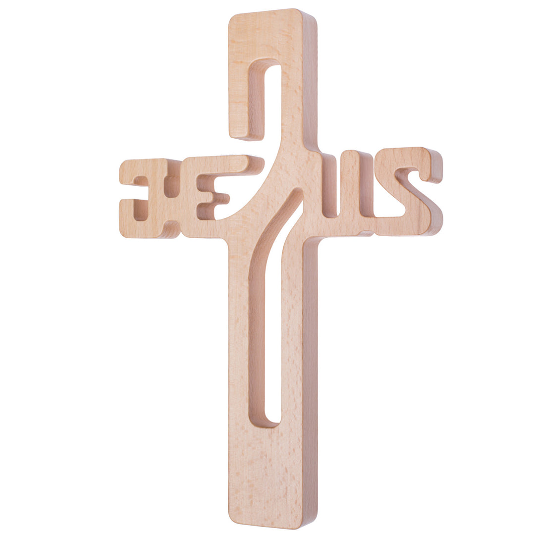 Hölzernes Hängekreuz Aufschrift JESUS natur 22x14x1,6cm