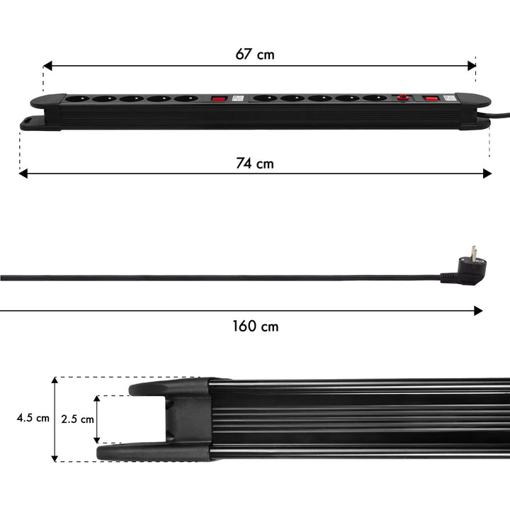 Maclean-Steckdosenleiste, Verlängerungskabel mit 10 Steckdosen, 2 Schaltern, Überlastschutz und -anzeige, 3680 W, MCE10