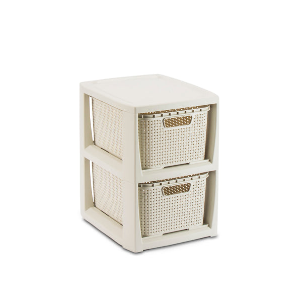 BranQ Rattan Korbregal Badregal mit 2 Körben Schubladen Badezimmer Regal (S - 2-Fach, Antikweiß)