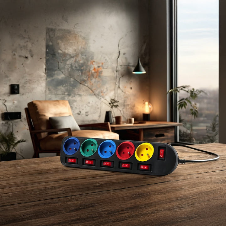 5-Fach Steckdosenleiste 1,5m mit Schalter Mehrfach Steckdosen Leiste Kinderschutz Schuko 2500W FR Stecker