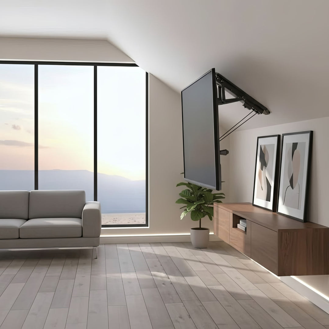 Maclean MC-880 Elektrische neigbare TV Halterung 32-70" für Decke Dachschräge inkl. Fernbedienung bis 35kg max VESA 600x400