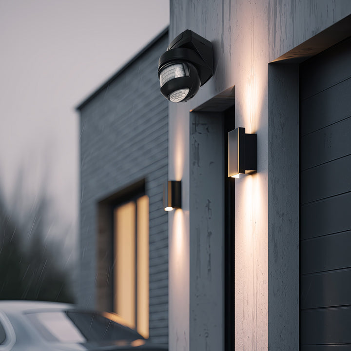 Infrarot-Bewegungssensor 180° + 360° Bewegungsmelder mit Dämmerungssensor bis 12m Reichweite IP54 (Schwarz)