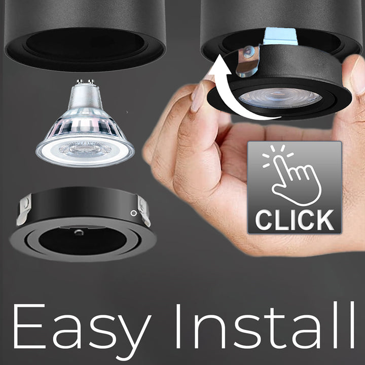 Deckenaufbauleuchte mit GU10 Fassung für LED & Halogen Leuchtmittel bis 40W Aufputz Schwenkbar Aluminium (Schwarz, Rund)