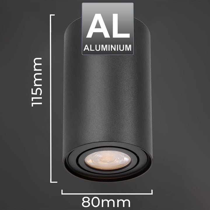 Deckenaufbauleuchte mit GU10 Fassung für LED & Halogen Leuchtmittel bis 40W Aufputz Schwenkbar Aluminium (Schwarz, Rund)