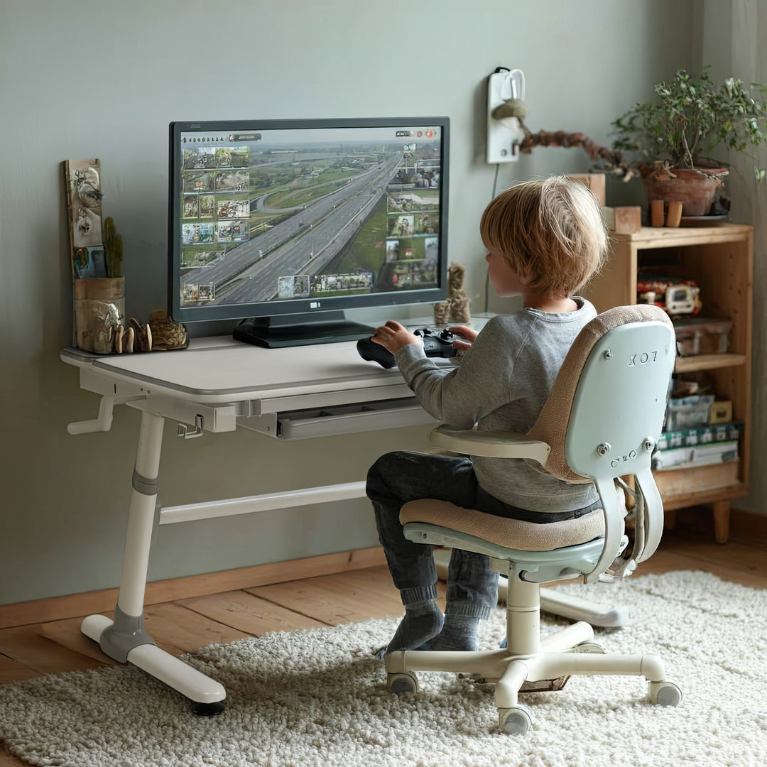 Ergonomischer Kinderschreibtisch mit Höhenverstellung und Neigungsverstellung Kinder-Schultisch bis 100kg Schublade Taschenhaken