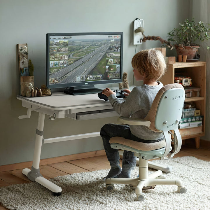 Ergonomischer Kinderschreibtisch mit Höhenverstellung und Neigungsverstellung Kinder-Schultisch bis 100kg Schublade Taschenhaken