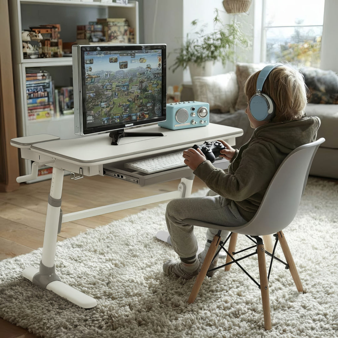 Ergonomischer Kinderschreibtisch mit Höhenverstellung und Neigungsverstellung Kinder-Schultisch bis 100kg Schublade Taschenhaken