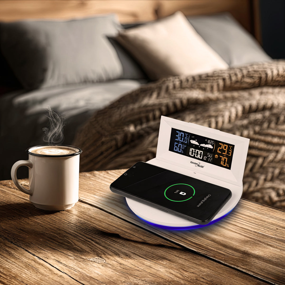 Kabellose Wetterstation mit kabellosem Qi-Ladegerät Stimmungslicht Basis Wettervorhersage Kalender Wecker und Schlummerfunktion Externer Sensor Innen und Außen Thermometer Farbdisplay