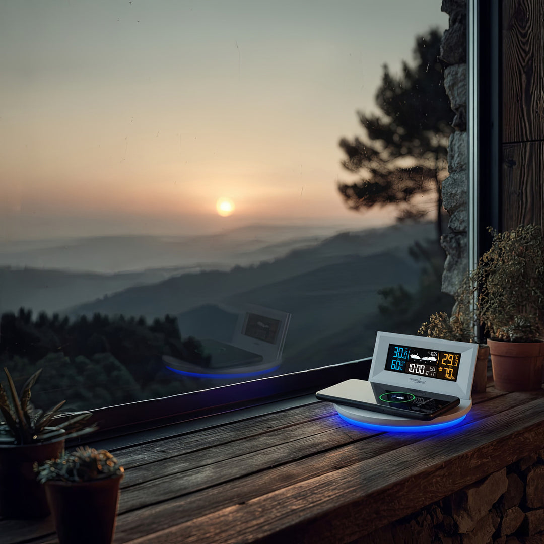Kabellose Wetterstation mit kabellosem Qi-Ladegerät Stimmungslicht Basis Wettervorhersage Kalender Wecker und Schlummerfunktion Externer Sensor Innen und Außen Thermometer Farbdisplay