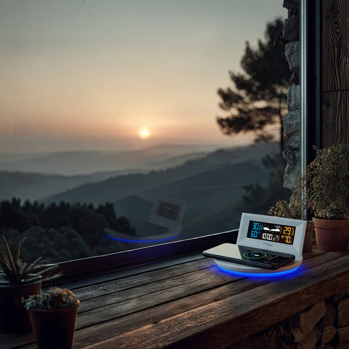 Kabellose Wetterstation mit kabellosem Qi-Ladegerät Stimmungslicht Basis Wettervorhersage Kalender Wecker und Schlummerfunktion Externer Sensor Innen und Außen Thermometer Farbdisplay