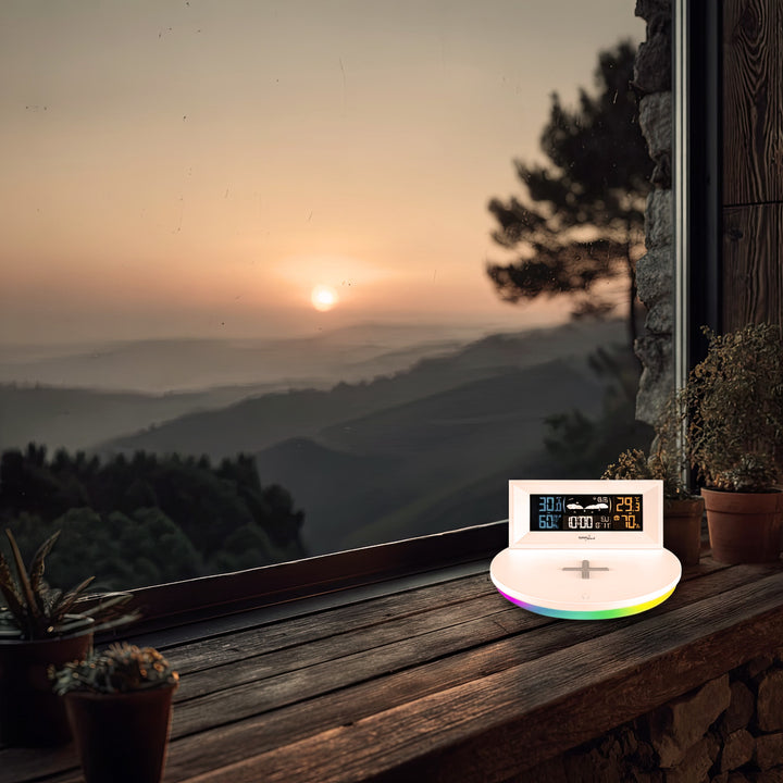 Kabellose Wetterstation mit kabellosem Qi-Ladegerät Stimmungslicht Basis Wettervorhersage Kalender Wecker und Schlummerfunktion Externer Sensor Innen und Außen Thermometer Farbdisplay