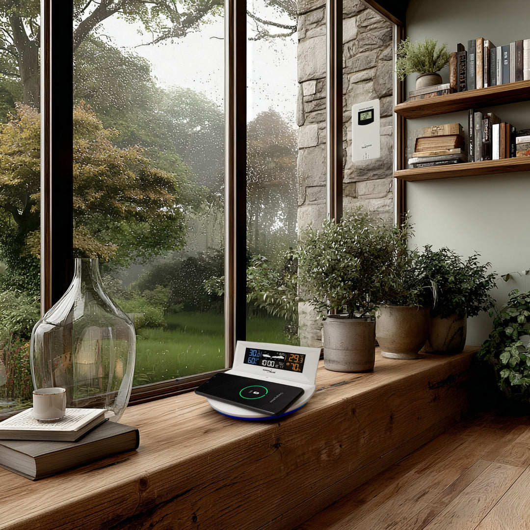 Kabellose Wetterstation mit kabellosem Qi-Ladegerät Stimmungslicht Basis Wettervorhersage Kalender Wecker und Schlummerfunktion Externer Sensor Innen und Außen Thermometer Farbdisplay