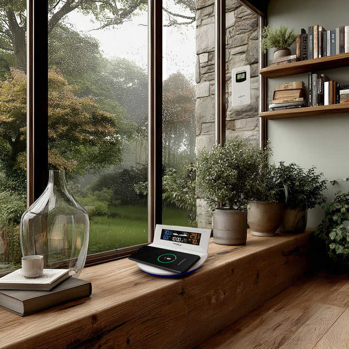 Kabellose Wetterstation mit kabellosem Qi-Ladegerät Stimmungslicht Basis Wettervorhersage Kalender Wecker und Schlummerfunktion Externer Sensor Innen und Außen Thermometer Farbdisplay