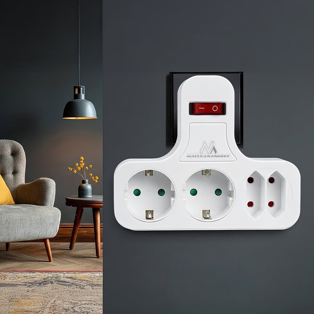 Maclean  MCE224 Steckdose, Vierfach mit Ein/Aus-Schalter, Stabilisierungsfuß, Schuko-Typ, 2x2,5A, 2x16A, MCE224