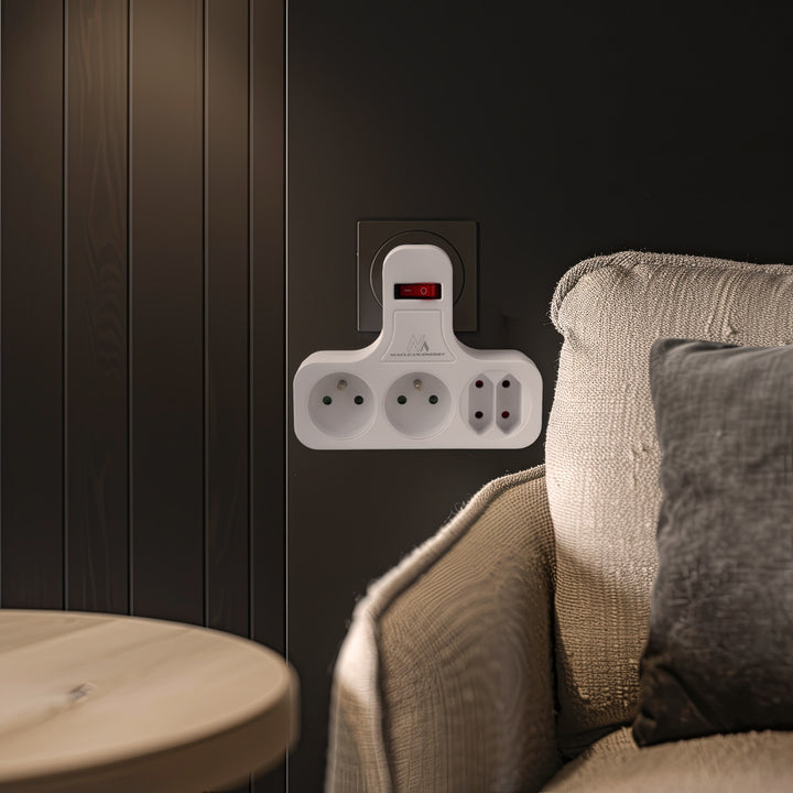 Maclean Stromsteckdose, vierfach mit Ein/Aus-Schalter, Stabilisierungsfuß, Typ E, 2x2,5A, 2x16A, MCE224