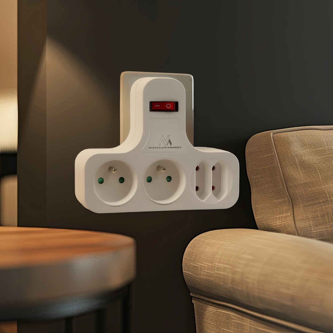 Maclean Stromsteckdose, vierfach mit Ein/Aus-Schalter, Stabilisierungsfuß, Typ E, 2x2,5A, 2x16A, MCE224