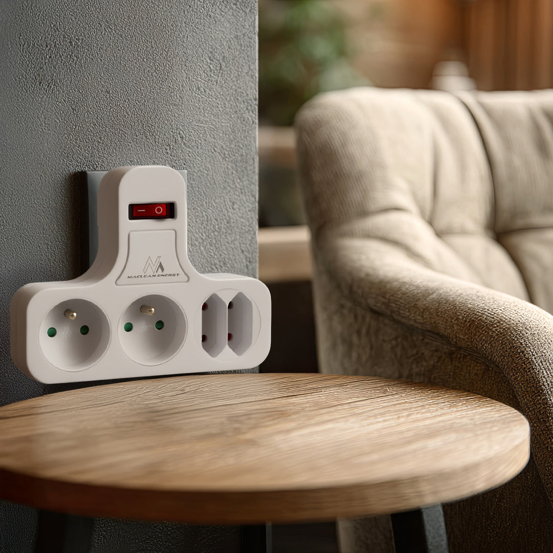 Maclean Stromsteckdose, vierfach mit Ein/Aus-Schalter, Stabilisierungsfuß, Typ E, 2x2,5A, 2x16A, MCE224