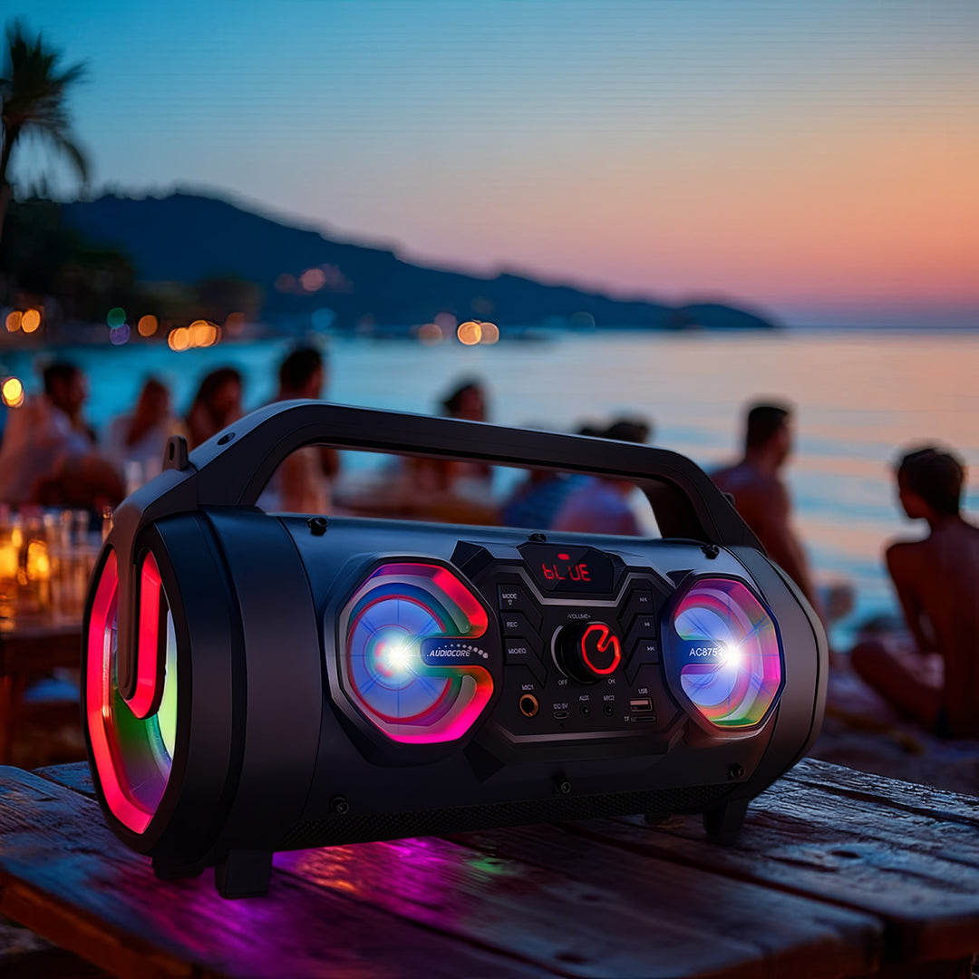 Audiocore AC875 Bazooka Tragbarer Bluetooth-Lautsprecher Boombox 30W (20W+5Wx2) IPX4 Spritzwassergeschützt/Radio/microSD/Aux-In/USB/Beleuchtung/Mikrofonanschluss