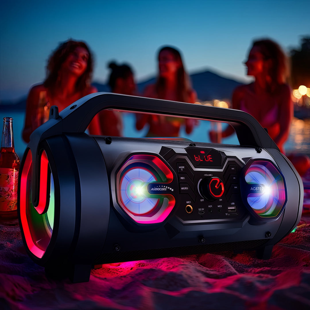 Audiocore AC875 Bazooka Tragbarer Bluetooth-Lautsprecher Boombox 30W (20W+5Wx2) IPX4 Spritzwassergeschützt/Radio/microSD/Aux-In/USB/Beleuchtung/Mikrofonanschluss
