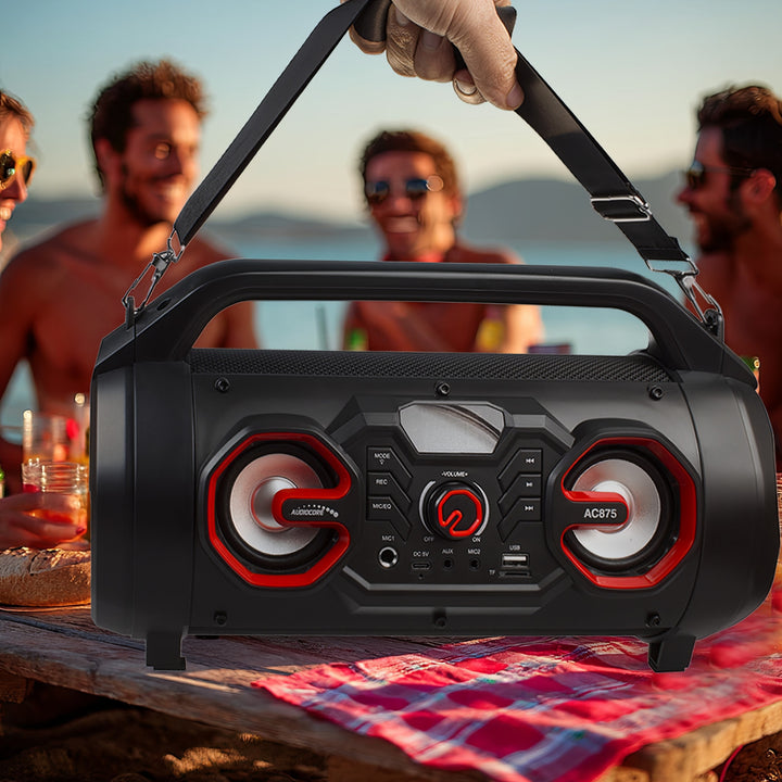 Audiocore AC875 Bazooka Tragbarer Bluetooth-Lautsprecher Boombox 30W (20W+5Wx2) IPX4 Spritzwassergeschützt/Radio/microSD/Aux-In/USB/Beleuchtung/Mikrofonanschluss