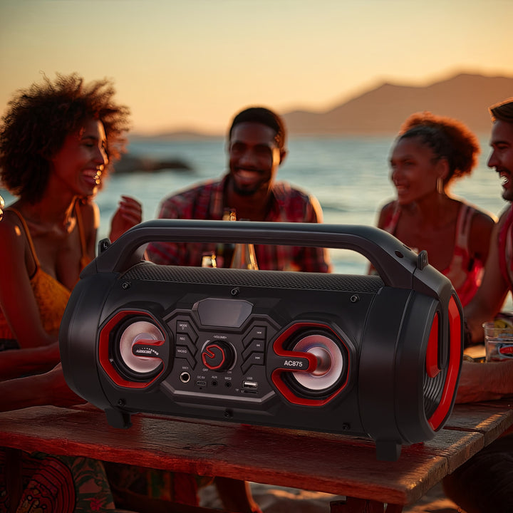 Audiocore AC875 Bazooka Tragbarer Bluetooth-Lautsprecher Boombox 30W (20W+5Wx2) IPX4 Spritzwassergeschützt/Radio/microSD/Aux-In/USB/Beleuchtung/Mikrofonanschluss