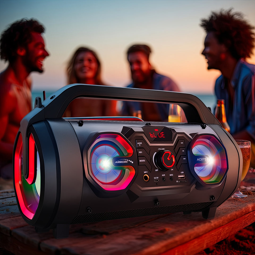 Audiocore AC875 Bazooka Tragbarer Bluetooth-Lautsprecher Boombox 30W (20W+5Wx2) IPX4 Spritzwassergeschützt/Radio/microSD/Aux-In/USB/Beleuchtung/Mikrofonanschluss