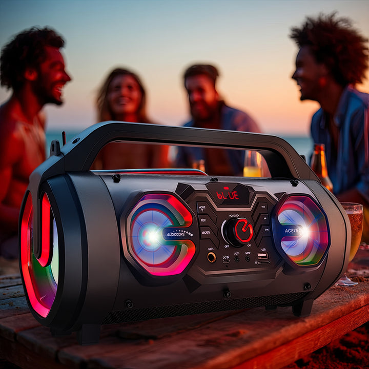 Audiocore AC875 Bazooka Tragbarer Bluetooth-Lautsprecher Boombox 30W (20W+5Wx2) IPX4 Spritzwassergeschützt/Radio/microSD/Aux-In/USB/Beleuchtung/Mikrofonanschluss