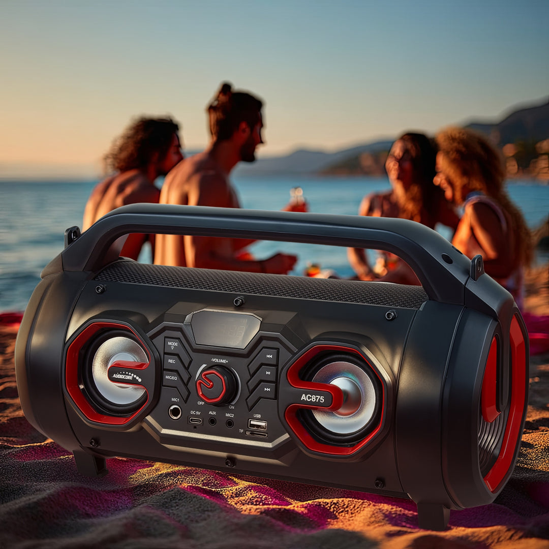 Audiocore AC875 Bazooka Tragbarer Bluetooth-Lautsprecher Boombox 30W (20W+5Wx2) IPX4 Spritzwassergeschützt/Radio/microSD/Aux-In/USB/Beleuchtung/Mikrofonanschluss