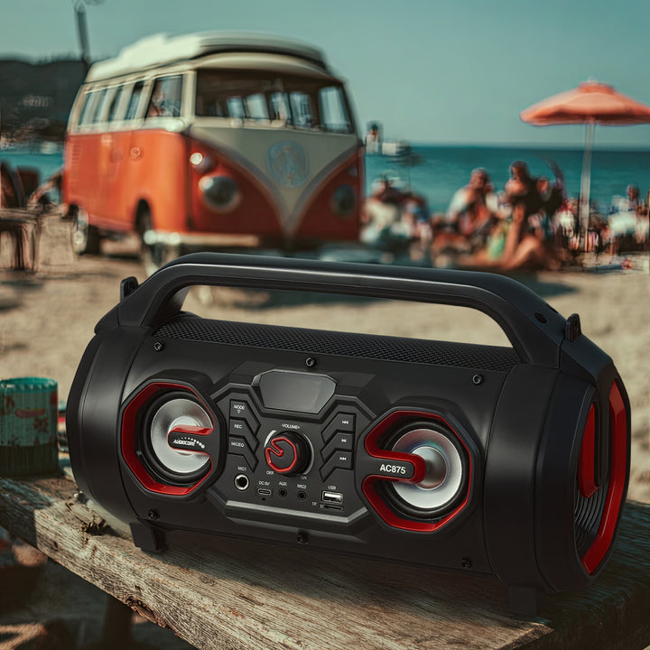 Audiocore AC875 Bazooka Tragbarer Bluetooth-Lautsprecher Boombox 30W (20W+5Wx2) IPX4 Spritzwassergeschützt/Radio/microSD/Aux-In/USB/Beleuchtung/Mikrofonanschluss
