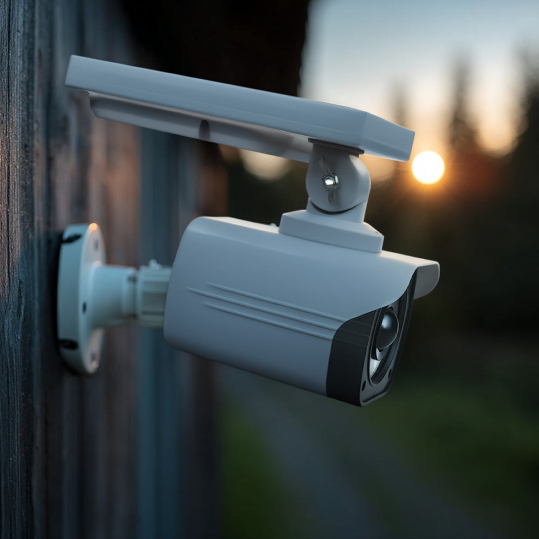 Kamera Attrappe mit LED-Licht Überwachungskamera PIR-Bewegungsmelder Dummy Kamera Solarbetrieben Geeignet für Außenbereich IP66 Wasserdicht